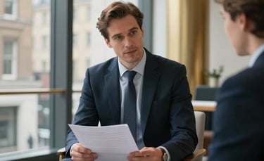 A professional financial advisor in a modern London office suite with floor-to-ceiling windows, dressed in a sharp business suit, reviewing documents with a client. The lighting is soft and natural, emphasizing a trustworthy and sophisticated atmosphere with deep navy and soft gold interior accents in a Northern European / British setting.