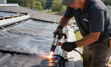 A professional roofing contractor in North American / US attire using a propane torch to install a modified bitumen flat roof membrane. The scene is bright and professional, showing the heat-welding process on a residential structure in Toms River, New Jersey.