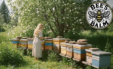 Blonde woman attending to beehives in Northern Colorado meadow for Bee's Balm Skin Salve