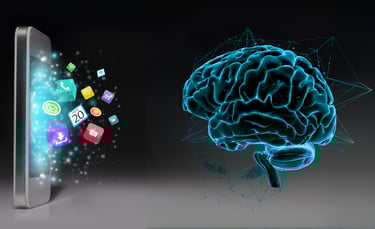 Digital-style cell phone with apps popping out of the screen and on the right, digital-style brain.