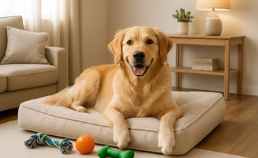 Dog lying on a cushion with toys on the floor.