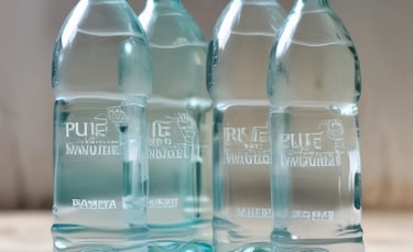 A plastic bottle of mineral water labeled 'Vatra,' with a blue cap, is standing on a light stone ground. The background features lush green leaves and a rough concrete block.