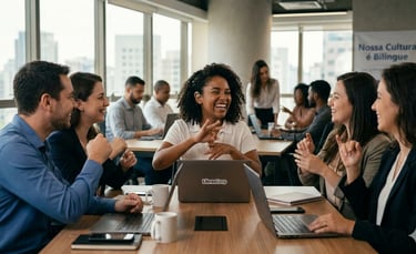 5 pessoas diversas sentados em volta a uma mesa fazendo Libras todos felizes