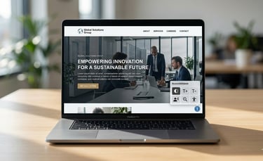 Notebook exibindo site corporativo com widget de acessibilidade digital ativo na tela.