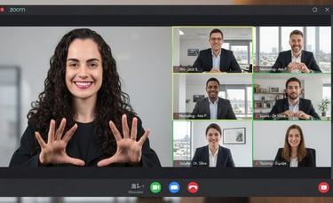 mulher de cabelos cacheados sorrindo na tela do computador junto com outras seis pessoas