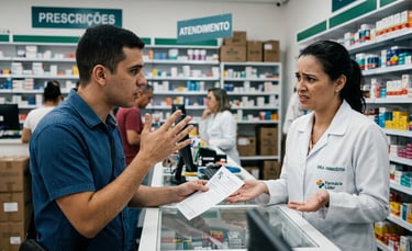 Na farmácia homem surdo faz sinais mulher farmacêutica não entende