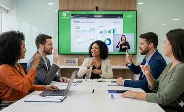 Gestores reunidoa 2 homens 3 mulheres aprendendo LIBRAS com aula online