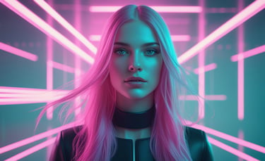 A woman with pink hair in a futuristic cyberpunk room with glowing neon lights as a sign of control.