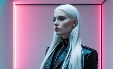 Portrait of a woman with long platinum blonde hair wearing a leather jacket in pink neon lighting.