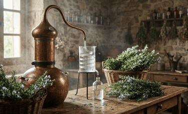 Romero silvestre sobre mesa de madera rústica para la selección de hidrolatos en S&B El Artesanal