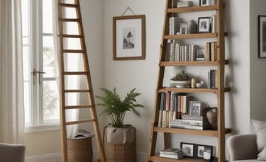 A person is engaged in a woodworking project, using tools to work on several pieces of wood stacked on a table in a workshop. The surroundings include various containers and boxes, with artwork partially visible on the wall. Soft natural light casts shadows, creating a calm and focused atmosphere.