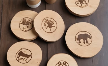 A woodworking shop with stacks of cut wooden boards organized on a surface. In the foreground, a uniquely shaped carved wooden piece stands upright. Behind, multiple planks of varying sizes are stored horizontally on racks.