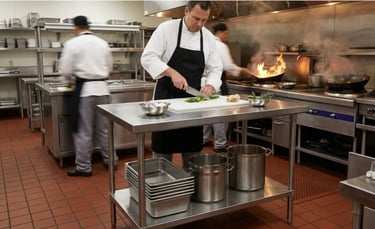Chef prepping food on a heavy duty stainless steel bench.