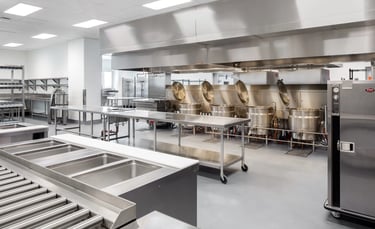 Commercial kitchen prep islands featuring a durable stainless steel benchtop Gold Coast.