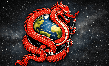 A red Chinese dragon wrapped around planet Earth in a starry space background.