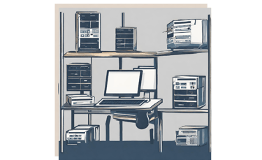a desk with a computer monitor and a monitor