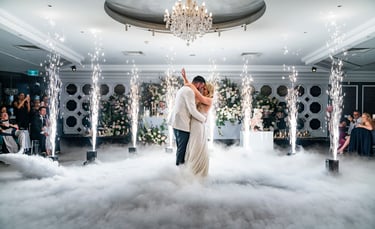 dj ps at wedding first dance with dry ice and sparklers 
