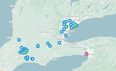 Custom Google Map showing competed carpet installation projects by Master Carpet across Ontario.