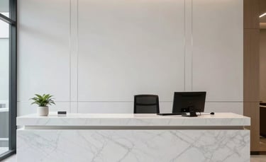 An elegant, clean office reception area in Indonesia with minimalist design, featuring a white marble desk and a wall with subtle silver accents. The atmosphere is professional, quiet, and premium, reflecting a high-end consulting firm.