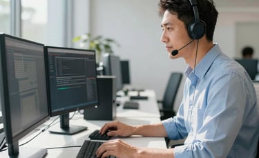 A professional IT support technician in a modern, sunlit Australian office environment, wearing business casual attire, working at a clean desk with multiple monitors and high-end peripherals. The lighting is bright and airy with a professional blue and white color palette.