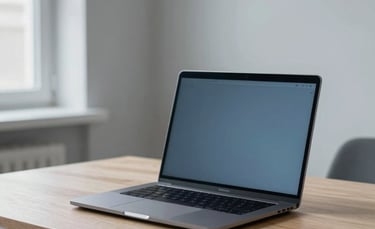 A clean, modern home office in Tallinn, Estonia, featuring a sleek laptop on a light wood desk. The lighting is soft and natural, with a hint of the Baltic winter light through the window. The color palette includes light grey and muted blue tones, reflecting a professional and reliable tech support atmosphere.