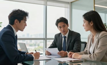 A high-end, modern business meeting in a bright South American office. A professional consultant and a residential manager are reviewing documents over a clean glass table. Natural light flows through large windows, with soft blue and gold accents in the room decor. Realistic photography style.