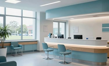 A wide-angle interior shot of a bright, modern UK hospital reception area. The lighting is soft and natural, coming from large windows. The colour palette includes soft blue and light grey tones. The scene is clean and professional, with a sense of calm efficiency.