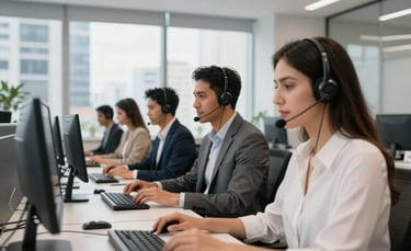 A modern, bright telemarketing office in a South American / Brazilian business district. Professional individuals wearing modern headsets are working at clean desks. The atmosphere is efficient and professional, with office decor featuring steel blue and off-white accents. Soft daylight coming through large windows.