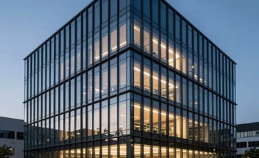 Exterior of a sleek, modern glass biotech research building at dusk, architectural lighting, international style, deep slate blue and steel blue palette.