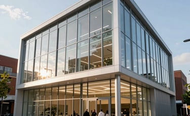 A low-angle architectural photograph of a modern community innovation center in a North American city. The building features sustainable glass and steel design, with people entering the bright lobby. The lighting is crisp afternoon sun, emphasizing a forward-thinking and trustworthy institution.
