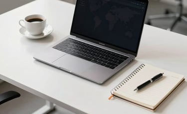 A clean, high-angle photography shot of a sleek, modern workstation with a high-end laptop, a cup of coffee, and a minimalist notebook on a white desk in a bright, professional office environment. Global / International setting with soft natural light.