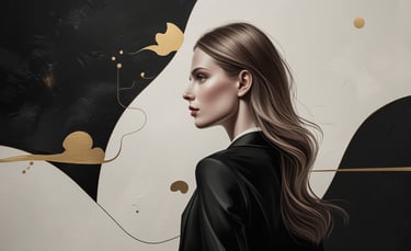Elegant profile of a woman with long wavy hair against a modern black, white, and gold abstract background.