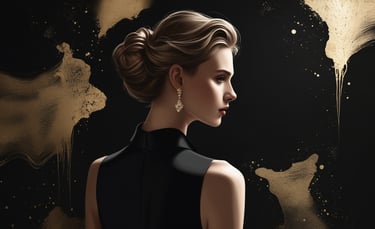 Elegant woman with a classic updo hairstyle and gold earrings against a black background with gold paint splashes.