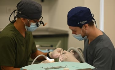 Two dentists wearing masks and scrubs perform a dental implant procedure using specialized tools.