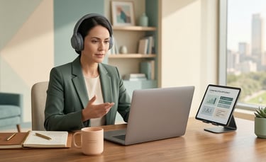 Professional participating in a live one-on-one workplace English training session
