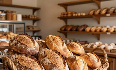 A wide-angle, brightly lit shot of a rustic South American bakery interior. In the foreground, a large wicker basket overflows with crusty sourdough bread and golden Brazilian pão francês. The lighting is warm and natural, casting soft shadows. The background features clean wooden shelves and beige cream walls.