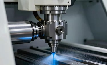 A professional close-up of a CNC lathe machine in action, machining a precision steel component. Coolant fluid in bright blue is spraying onto the metal, creating a high-tech atmosphere. European industrial setting, sharp focus, clean and modern factory environment with off-white and dark blue-grey tones.