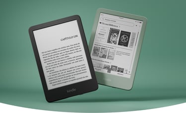 novo Kindle 2025 cor lavanda ao lado do Kindle cor preta