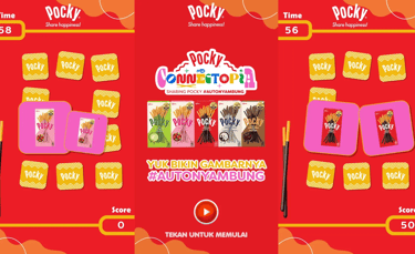 Colorful UI design assets for Pocky Memory Match game featuring product packaging