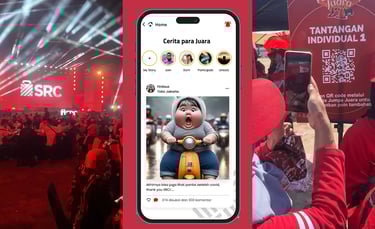 Collage of SRC event stage, digital passport app interface, and participant scanning QR code