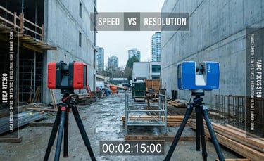 Side-by-side comparison of Leica and FARO 3D scanners on a Vancouver construction site, highlighting