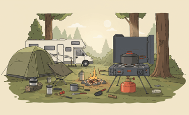 Traveler using a multi-fuel camping stove for cooking at a US camping site with an RV