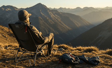 Hiker sitting in comfortable lightweight chair while enjoying sundown on a mountain top