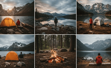 Campers in different campsites with different tents and campsite gear