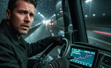 Worried truck driver looking at a dashboard display showing a rising red fuel consumption graph during a night drive.