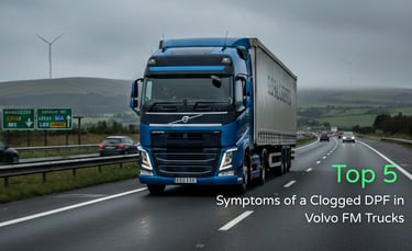 Volvo FM Truck: Blue Volvo FM truck hauling a trailer on a misty UK motorway under a cloudy grey sky.