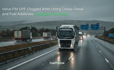 Volvo FM truck driving through heavy rain on a grey UK motorway, highlighting transport daily life.