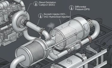 Volvo FM exhaust system diagram showing 7th injector, DOC, DPF filter, and DPS sensor locations.