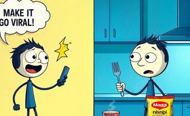 left saying things like “Make it go viral!” / right showing a bag of Maggi noodles and confusion.