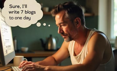 Freelancer slumped over keyboard with thought bubble saying, ‘Sure, I’ll write 7 blogs in one day